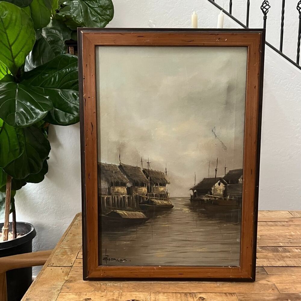 Antique Original Oil Painting Boats Lake Landscape Theme 18.5”x26.75”